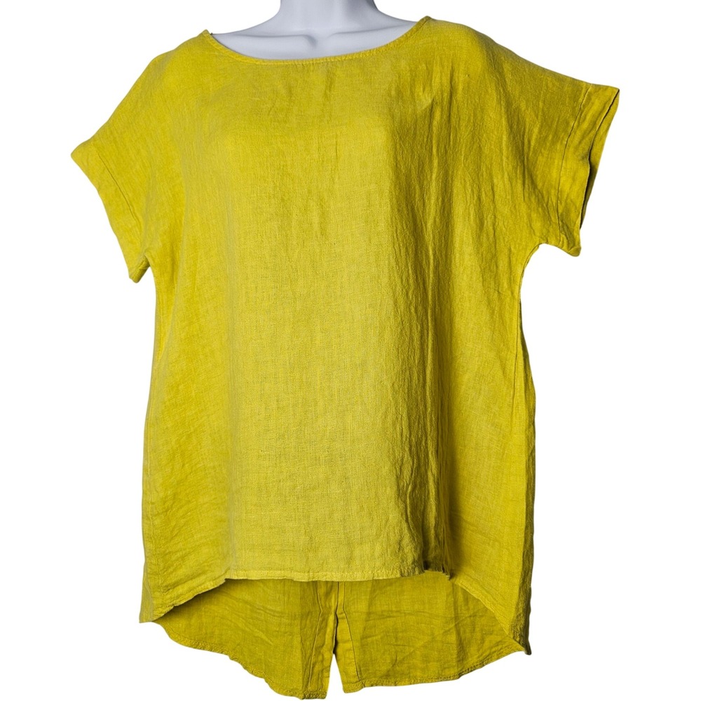 Terzo Millennio Made in Italy Linen Lagenlook Tunic Top‎ Chartreuse Yellow S
